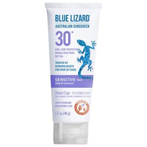 Blue Lizard SENSITIVE FACE Mineral Sunscreen with Zinc Oxide and Hydrating Hyaluronic Acid, SPF 30+, Water Resistant, UVA/UVB Protection with Smart Cap Technology – Fragrance Free, 1.7 oz. Blue Lizard SENSITIVE FACE Mineral Sunscreen with Zinc Oxide and Hydrating Hyaluronic Acid, SPF 30+, Water Resistant, UVA/UVB Protection with Smart Cap Technology – Fragrance Free, 1.7 oz.