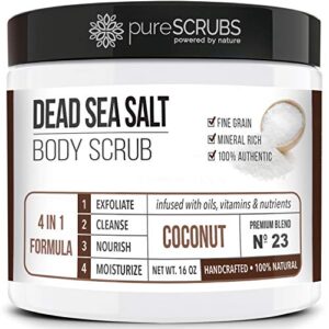 pureSCRUBS Premium Coconut Body Scrub Set – Large 16oz Dead Sea Salt Body Scrub With Infused Essential Oils & Nutrients, Includes Wooden Spoon, Loofah & Oatmeal Exfoliating Bar Soap pureSCRUBS Premium Coconut Body Scrub Set – Large 16oz Dead Sea Salt Body Scrub With Infused Essential Oils & Nutrients, Includes Wooden Spoon, Loofah & Oatmeal Exfoliating Bar Soap