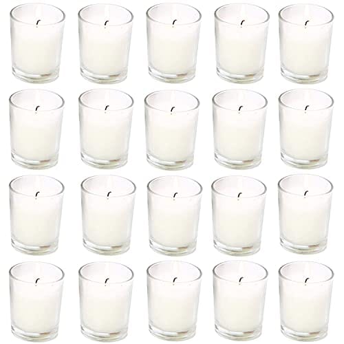 20 Pack Warm White Unscented Clear Glass Filled Votive Candles. Hand Poured Wax Candle Ideal Gifts for Aromatherapy Spa Weddings Birthdays Holidays Party (Warm White)