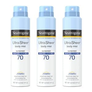 Neutrogena Sunscreen Spray, Ultra Sheer Body Mist, Broad Spectrum SPF 70, Non-Greasy Water Resistant Body Sunscreen Mist, Non-Comedogenic, 5 oz, 3 Pack Neutrogena Sunscreen Spray, Ultra Sheer Body Mist, Broad Spectrum SPF 70, Non-Greasy Water Resistant Body Sunscreen Mist, Non-Comedogenic, 5 oz, 3 Pack