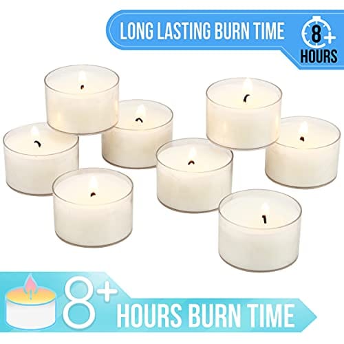 Stonebriar Bulk 96 Pack Unscented Smokeless Long Burning Clear Cup Tea Light Candles with 8 Hour Extended Burn Time, White - Image 4