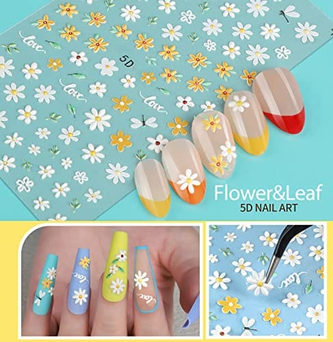 Teenitor 12 Sheets Nail Art Sticker Self-Adhesive, Flower Nail Stickers 5D Embossed Nail Decals, 5 Boxes Nail Art Glitter Sequins Flakes, Nail Art Design Tools Self Adhesive Nail Art Supplies - Image 2