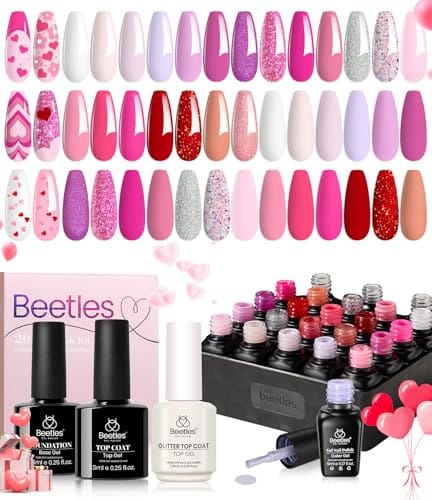 beetles Pink Gel Polish Set 20 Colors Hot Pink Alluring Sweetie Collection Nude Purple Glitter Red Uv Gel Manicure Kit with Base Glossy and Glitter Top Coat Valentine's Day Gifts for Women