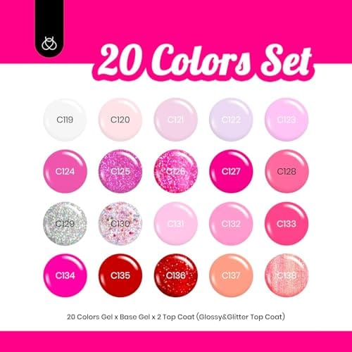 beetles Pink Gel Polish Set 20 Colors Hot Pink Alluring Sweetie Collection Nude Purple Glitter Red Uv Gel Manicure Kit with Base Glossy and Glitter Top Coat Valentine's Day Gifts for Women - Image 2