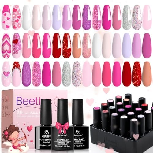 beetles Pink Gel Polish Set 20 Colors Hot Pink Alluring Sweetie Collection Nude Purple Glitter Red Uv Gel Manicure Kit with Base Glossy and Glitter Top Coat Valentine's Day Gifts for Women - Image 9