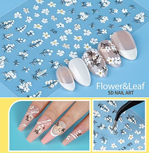 Teenitor 12 Sheets Nail Art Sticker Self-Adhesive, Flower Nail Stickers 5D Embossed Nail Decals, 5 Boxes Nail Art Glitter Sequins Flakes, Nail Art Design Tools Self Adhesive Nail Art Supplies - Image 3