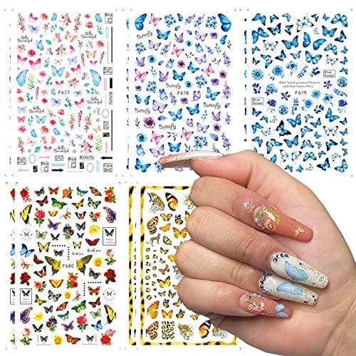 Eseres Butterfly Nail Stickers Butterflies Nail Art Decals Vanessa Nail Designs Self-Adhesive Butterflies Flowers Pattern Decorations for Nail Art Supplies 10 Sheets
